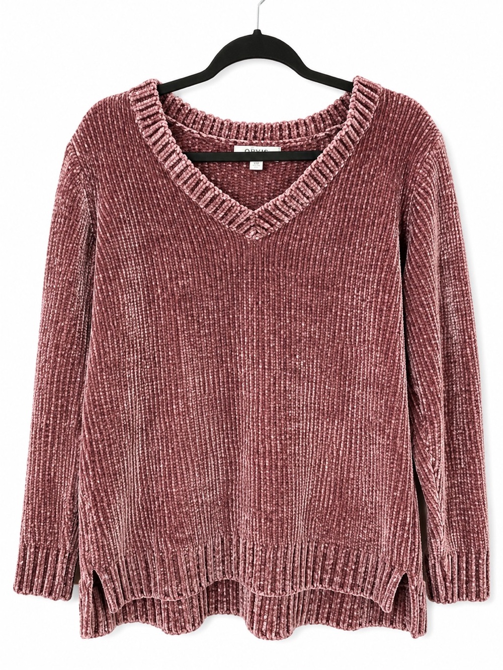 Orvis Chenille Sweater Dusty Rose Mauve V-Neck Ribbed Plush Cozy Soft Pullover X